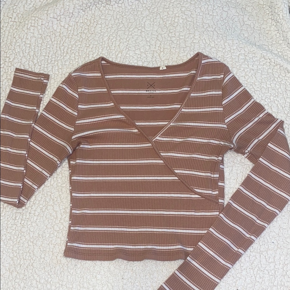 Brown Asymmetrical Long Sleeve Crop Blouse